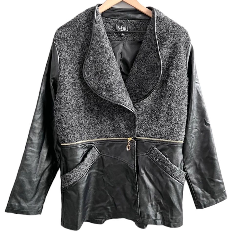 Luii Faux Leather Jacket Zipper Convertible Coat Black and Grey Boucle Size XL